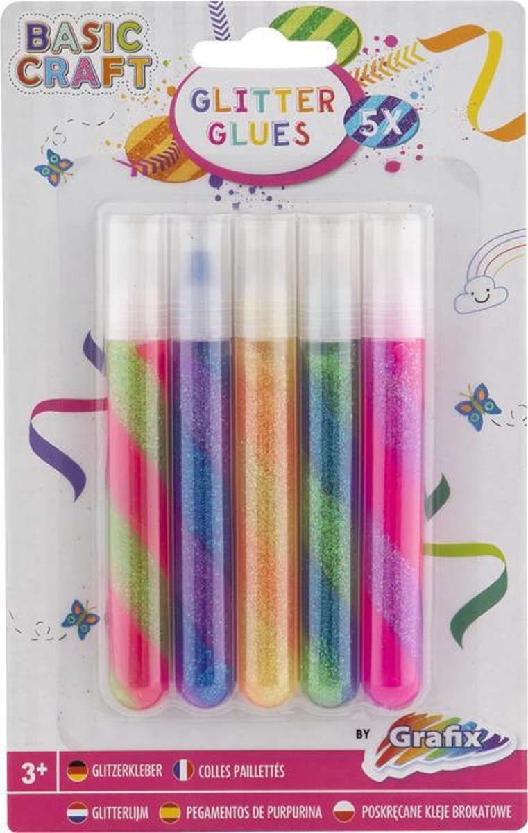 Glitterlijm | 5 tubes met verschillende kleuren glitter lijm | Grafix